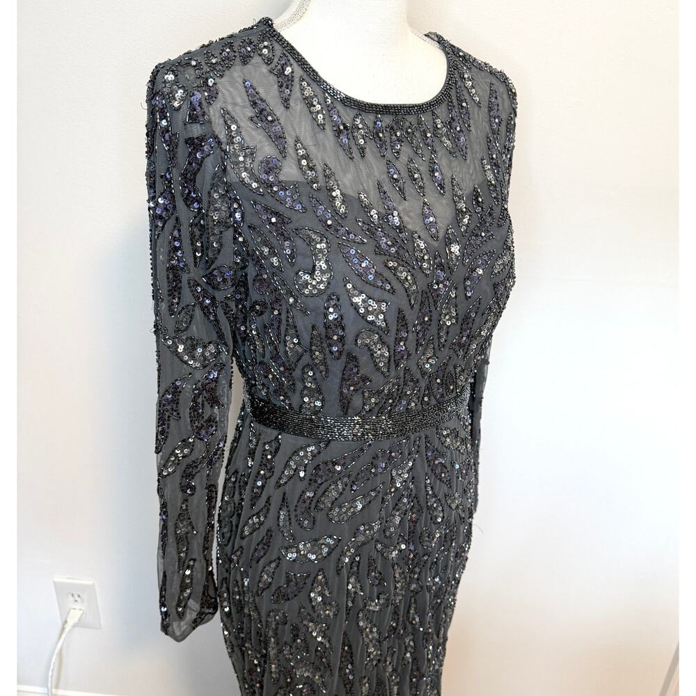 Mac Duggal 5124 Beaded Long Sleeve Evening Gown In Charcoal Size 8 New - Picture 7 of 16